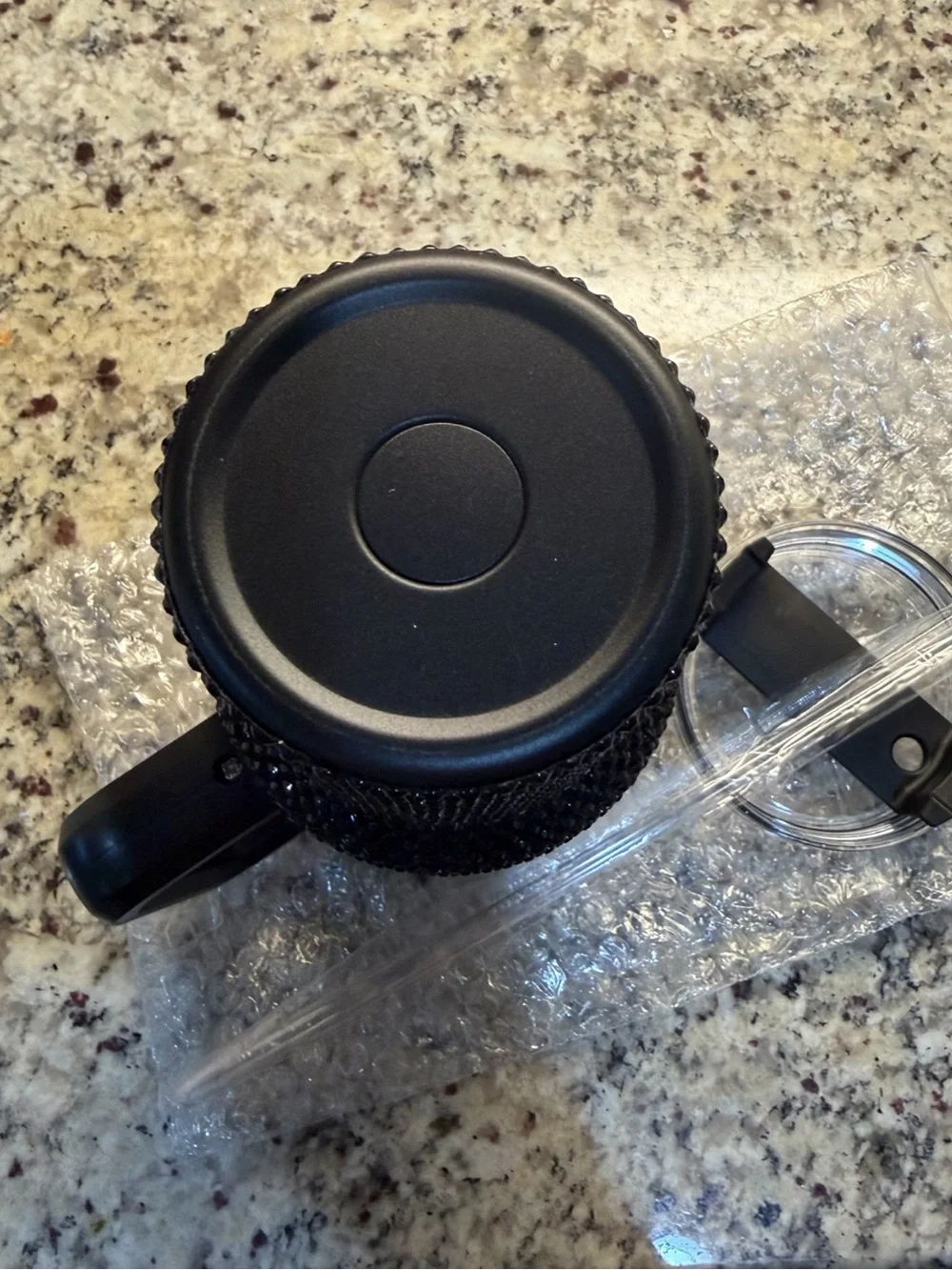 Black Rhinestone Bling Travel Tumbler Spill-Proof Lid Straw Handle 40 ounces NIB